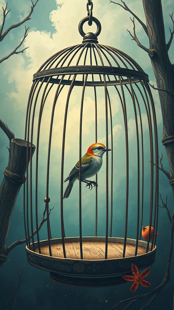 Surreal Bird Trapped in Oversized Cage Illustration