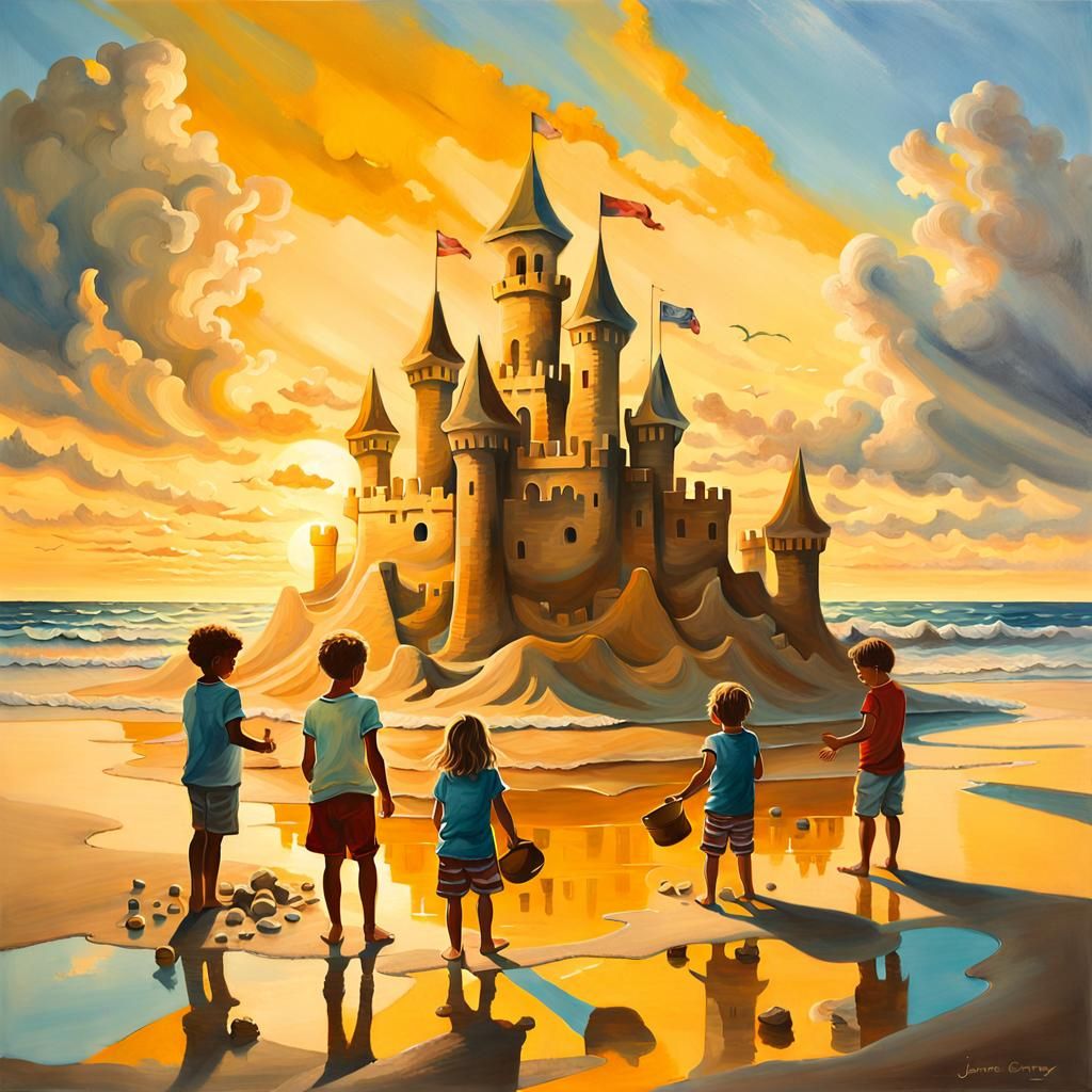 Children Building Sandcastle at Sunrise: Surreal Double Expo...