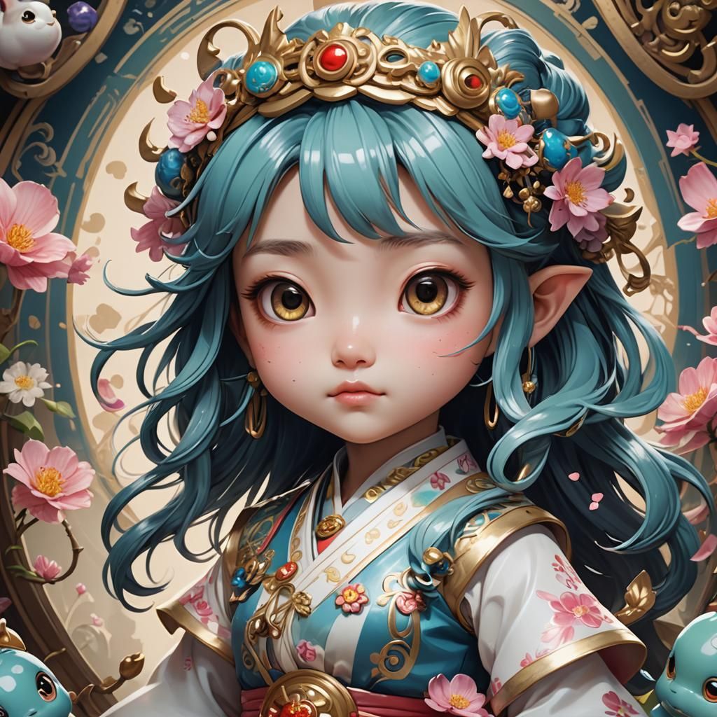 Chibi Porcelain Kappa Yokai Princess Portrait