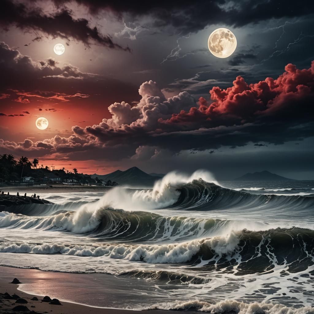 Dramatic Tsunami Crashing at Night, Oil Painting Style