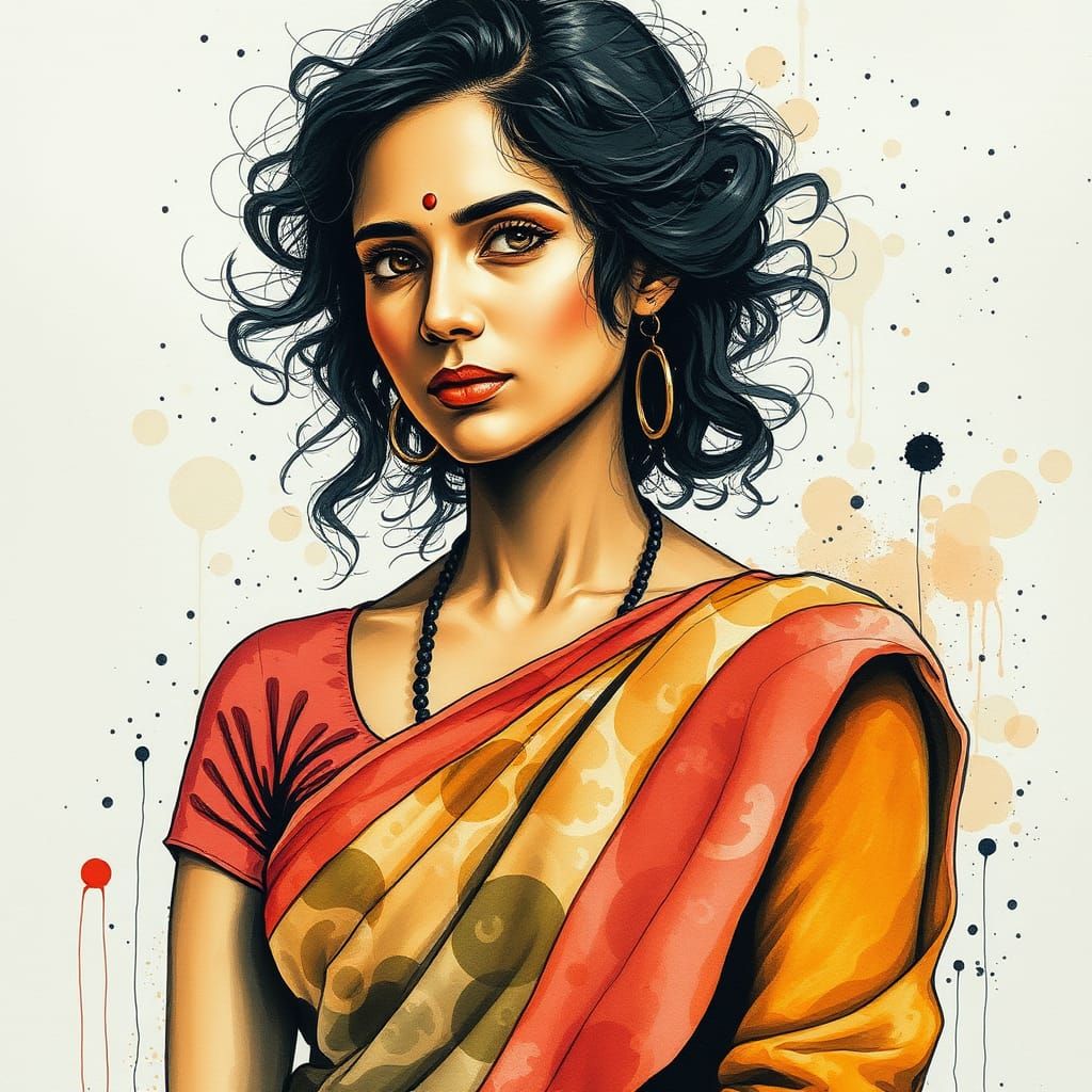 Watercolor painting of an Indian woman in a golden saree