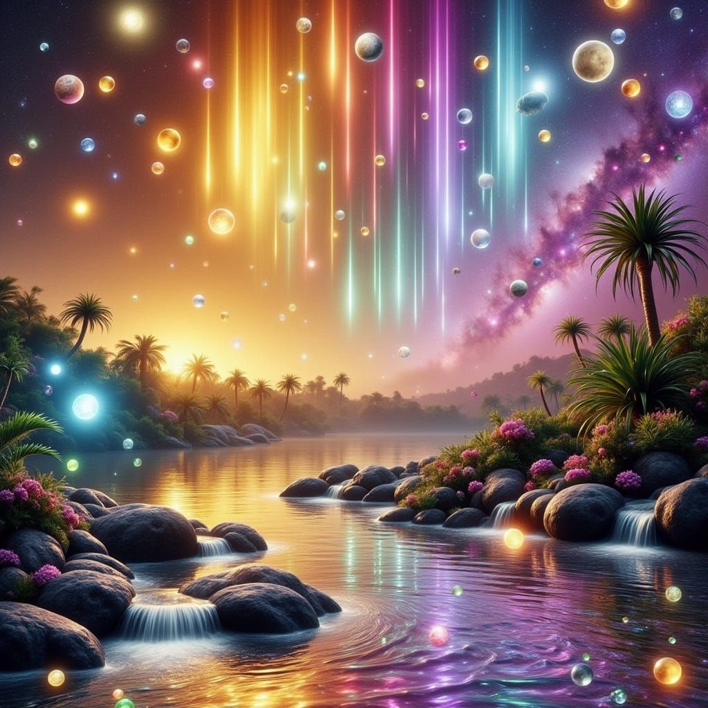 Rainbow Waterfall in Tropical Galaxy Scene