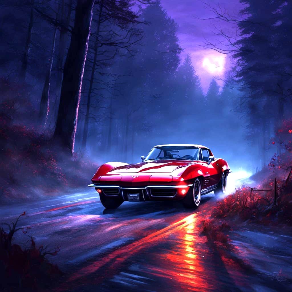 Red 1955 Corvette in Moonlight, Sinister Art