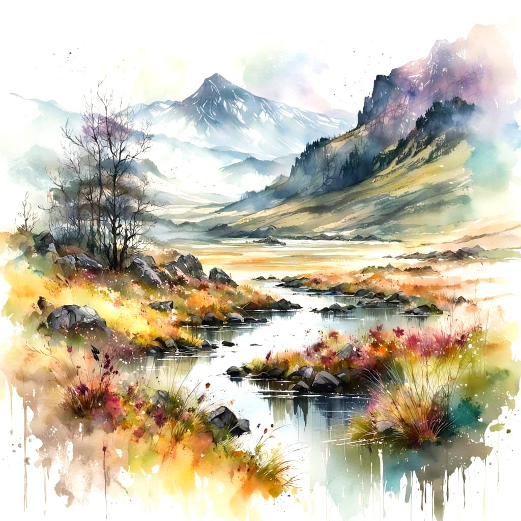 Ethereal Scottish Highlands in Watercolour Style