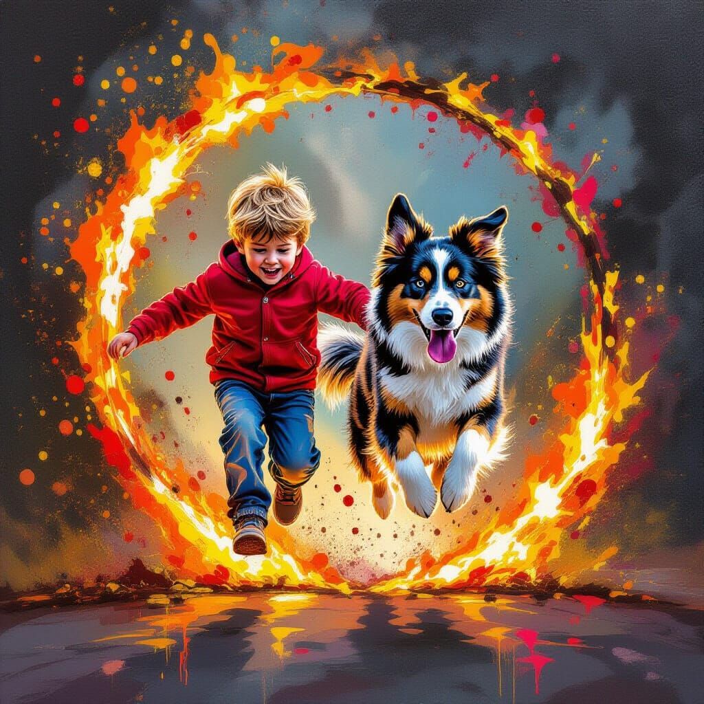 Boy and Dog Leap Through Fire, Graffiti Art