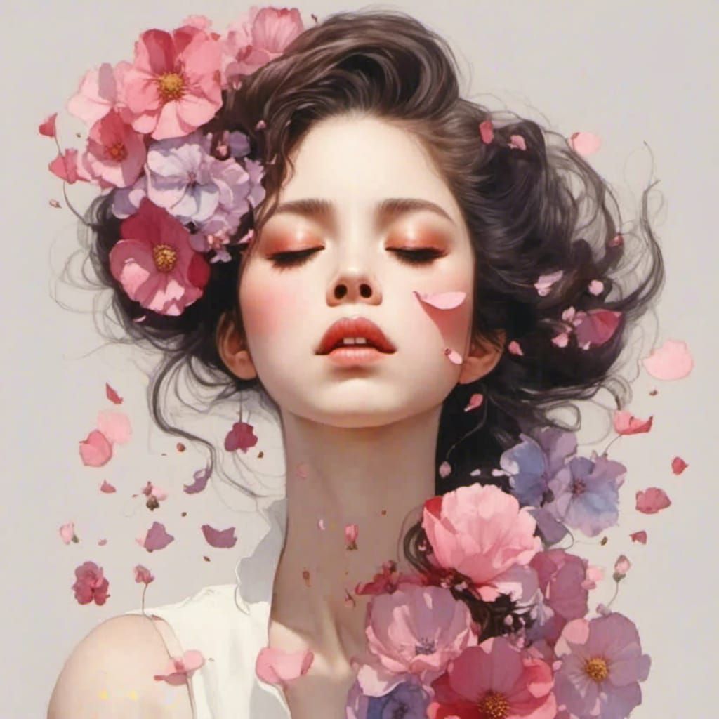 Woman Blowing Watercolor Flower Petals, Cartoon Style