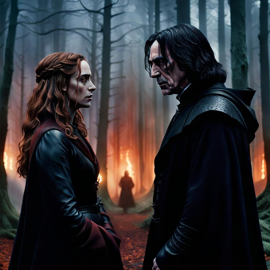 Snape and Hermione in Misty Forest, Cinematic Still