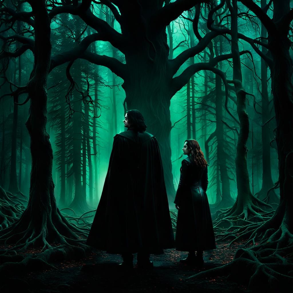 Snape and Hermione in Misty Forest, Cinematic Style