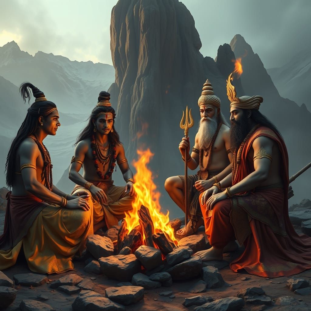 Hindu Gods Converse Around a Fiery Campsite in Mount Kailash