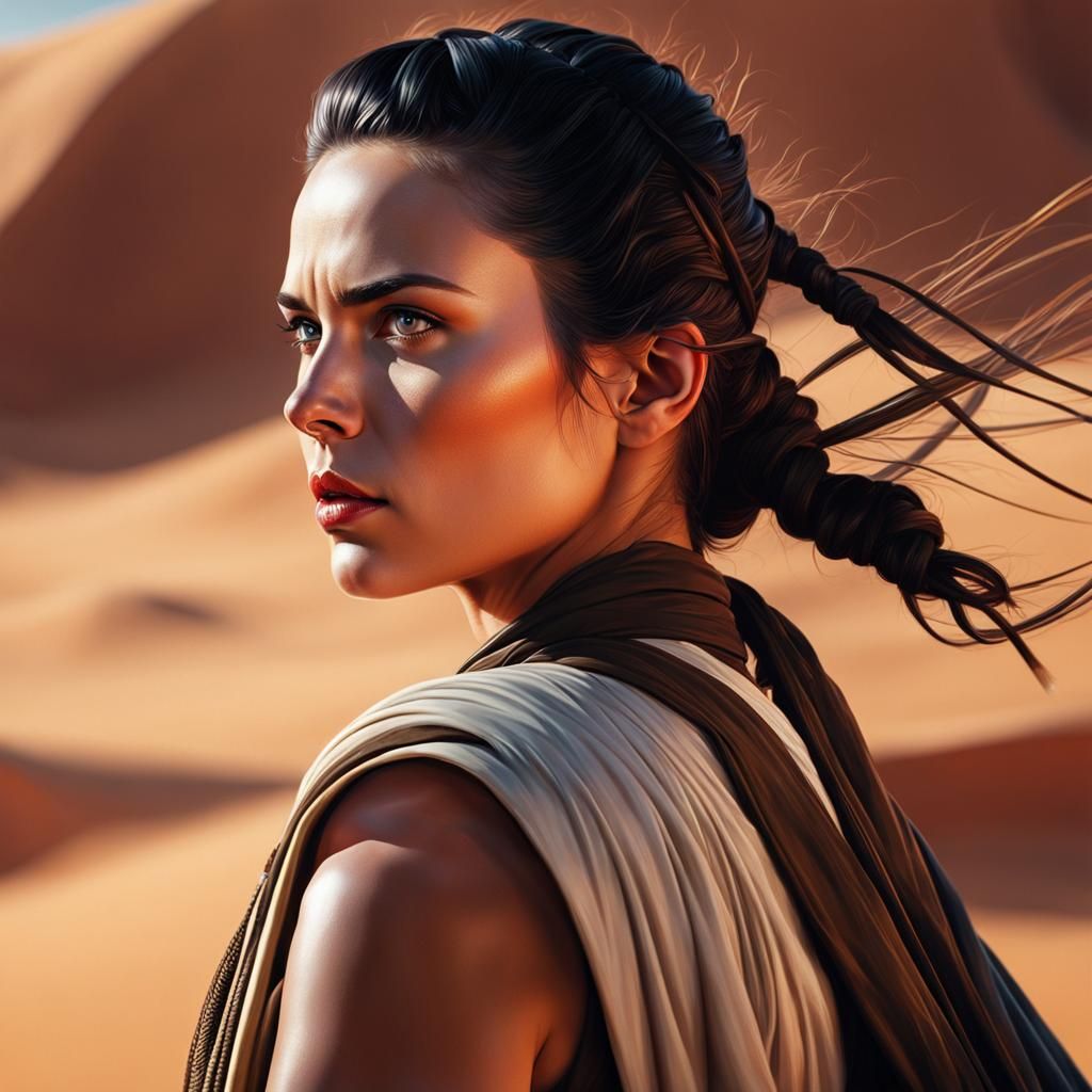 Hyperrealistic Star Wars Rey Portrait in Comic Art Style