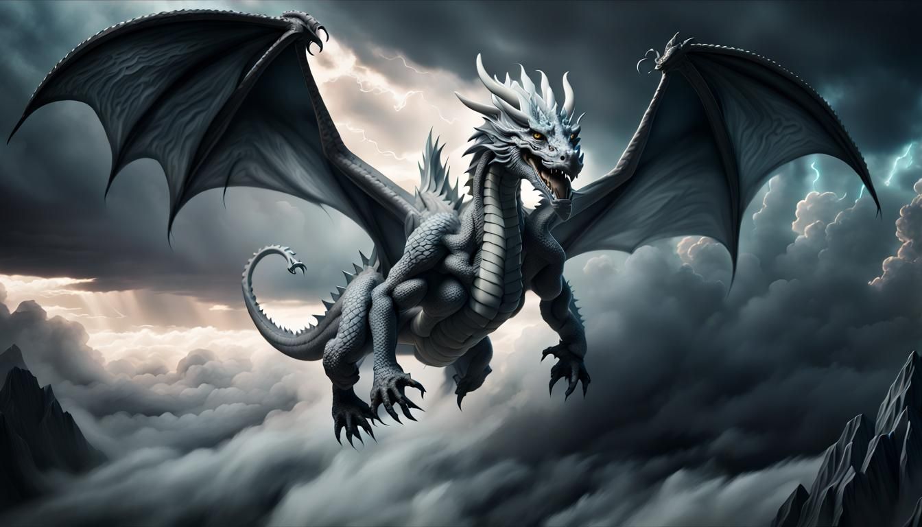 Grey Dragon God in Stormy Sky: Detailed CGI