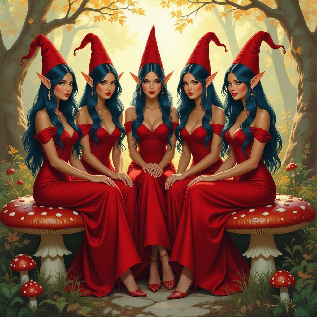 Brown Skinned Elves in Red Dresses on Giant Mushrooms
