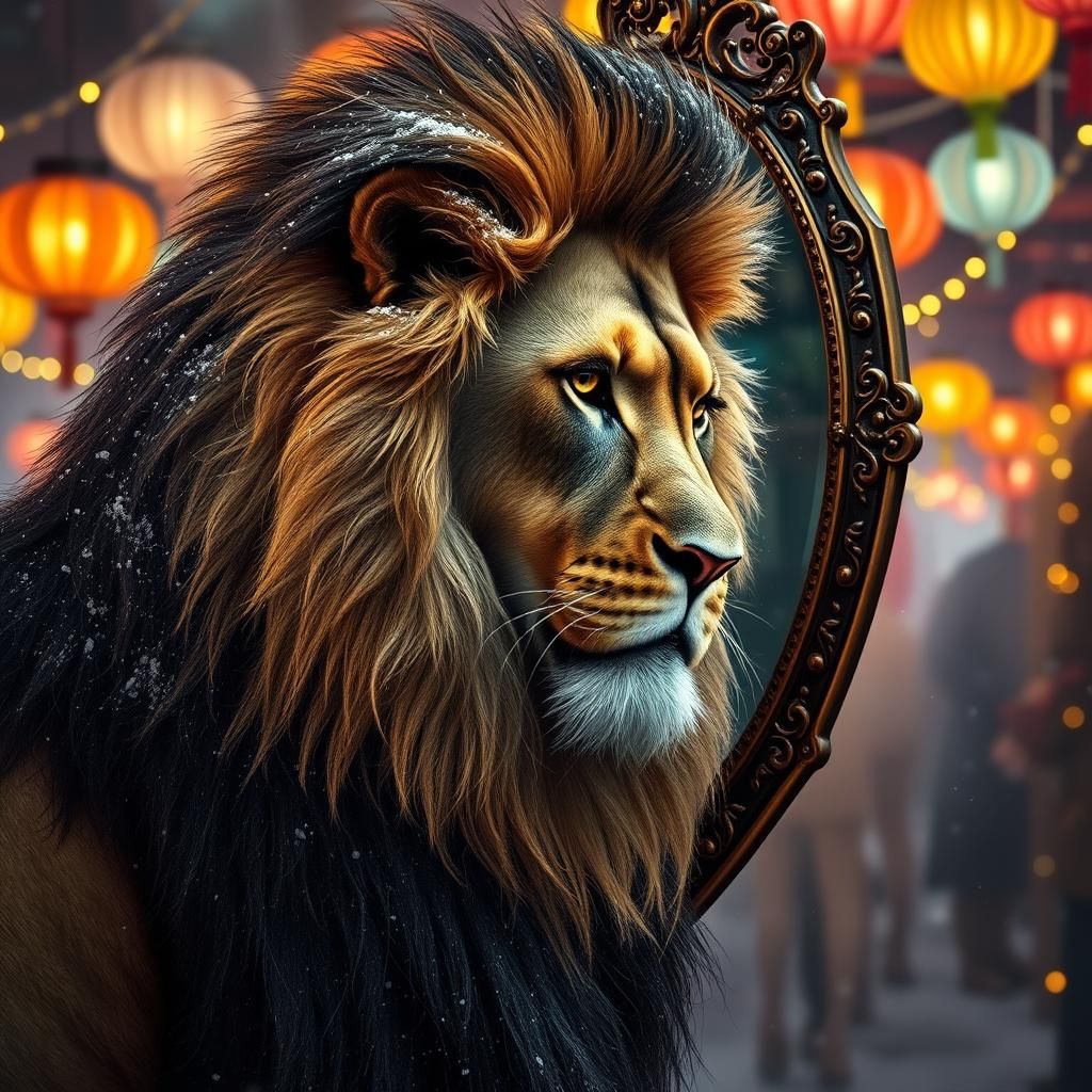 Lion in Snow Gazing into a Mirror