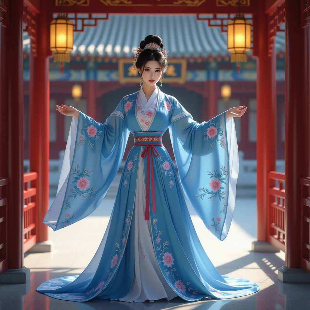 Empress in Blue Hanfu in Palace Courtyard