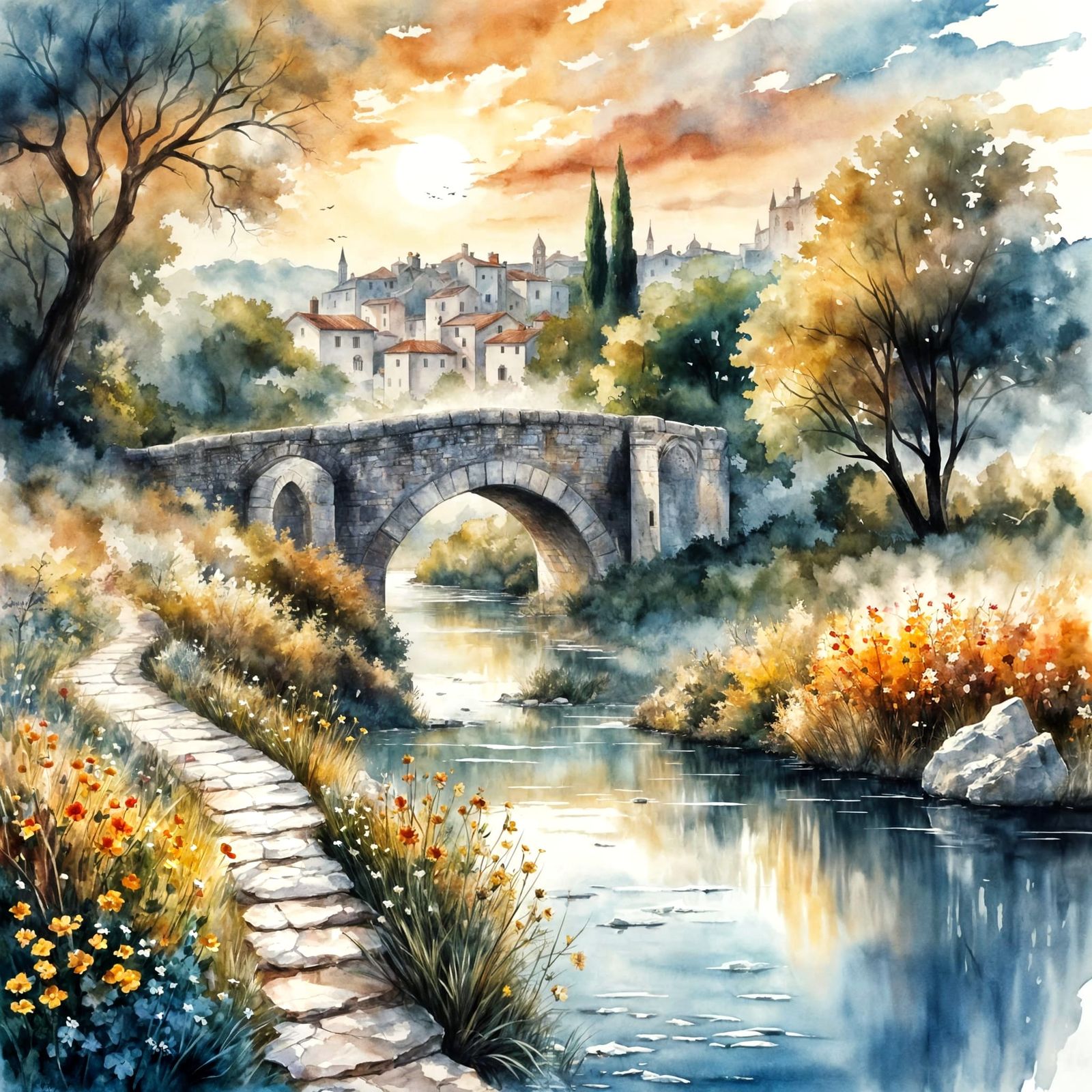 Picturesque Watercolor of Medieval Village in Southern Franc...