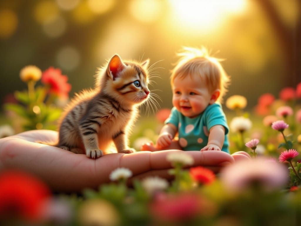 Whimsical Garden Scene with Kitten and Child on Giant Hand