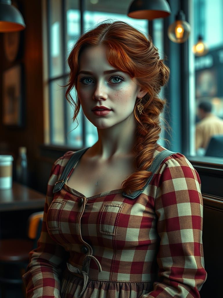 Victorian Redhead in Coffee Shop: Hyperrealistic Digital Por...