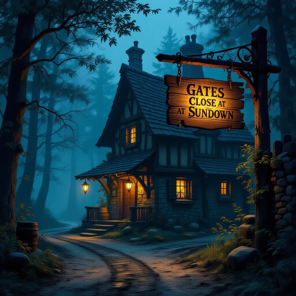 Mystical Medieval Tavern in Forest, Digital Painting
