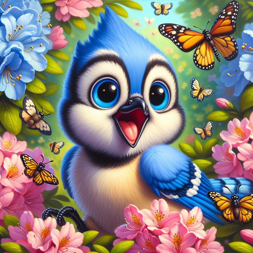 Cartoon Blue Jay with Azaleas as Oil Painting
