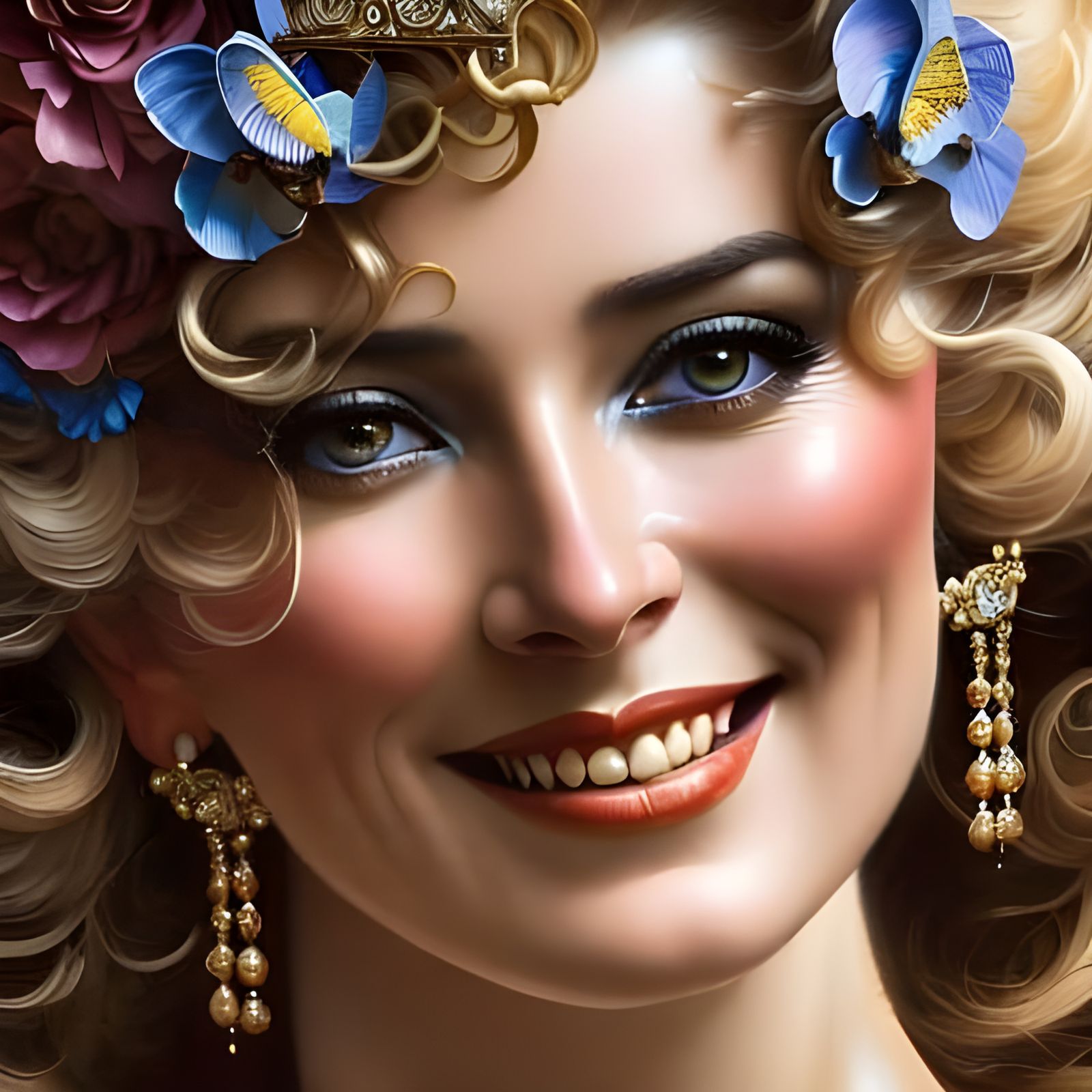 Happy Woman in Cafe: Rococo Hyperdetailed Close-up