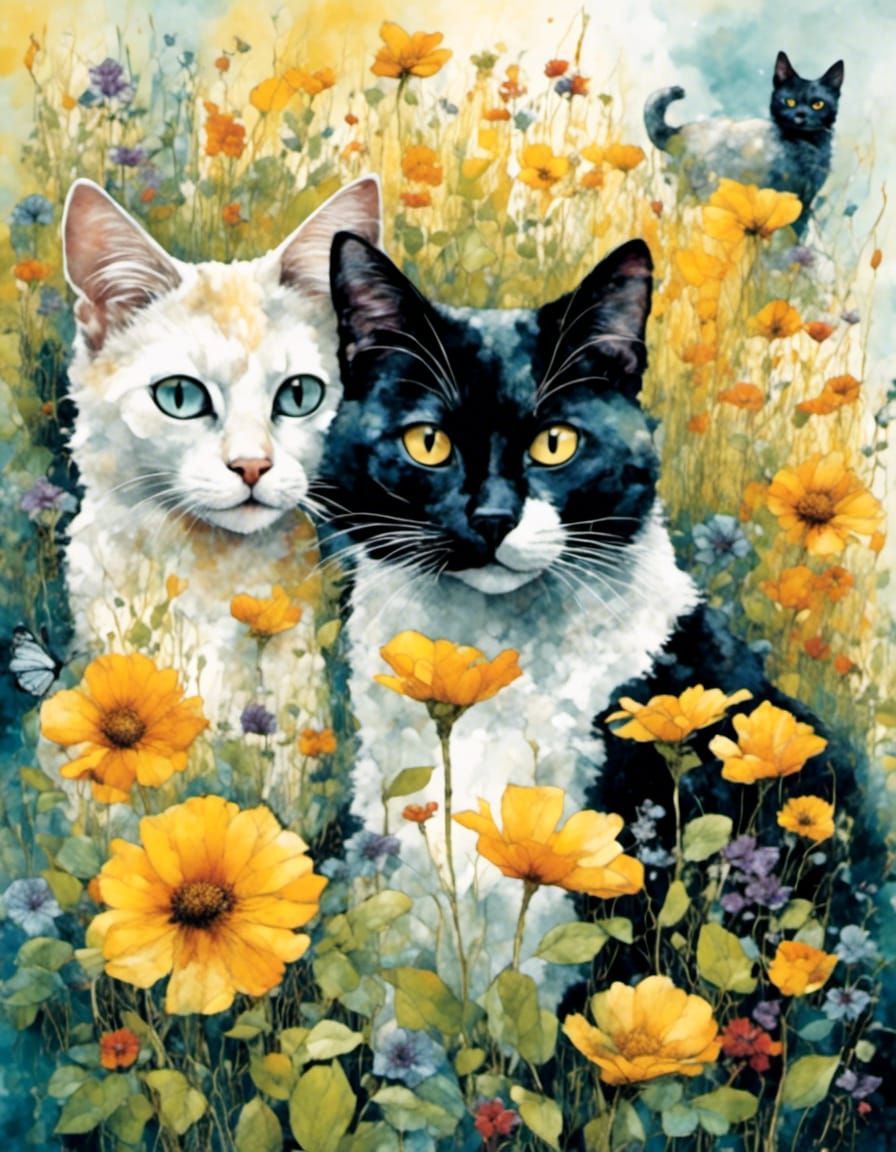 Siamese Cat and Labrador in Lush Garden Watercolor