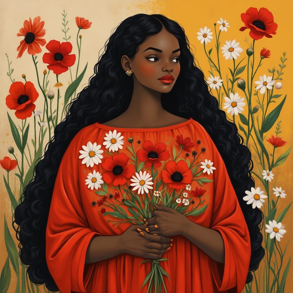 Girl with Poppies and Daisies in Tarsila do Amaral Style