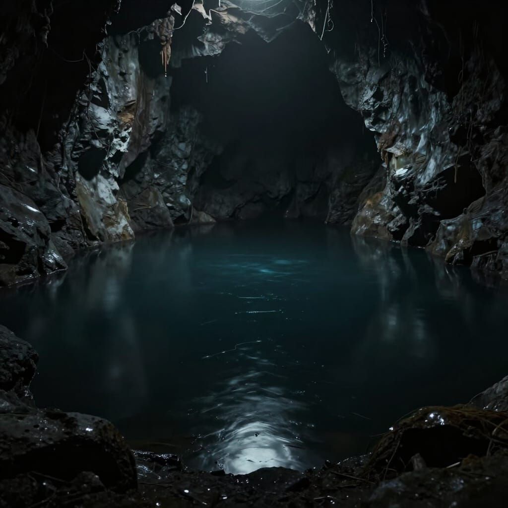 Eerie Lake in Dark Mine with Otherworldly Glow