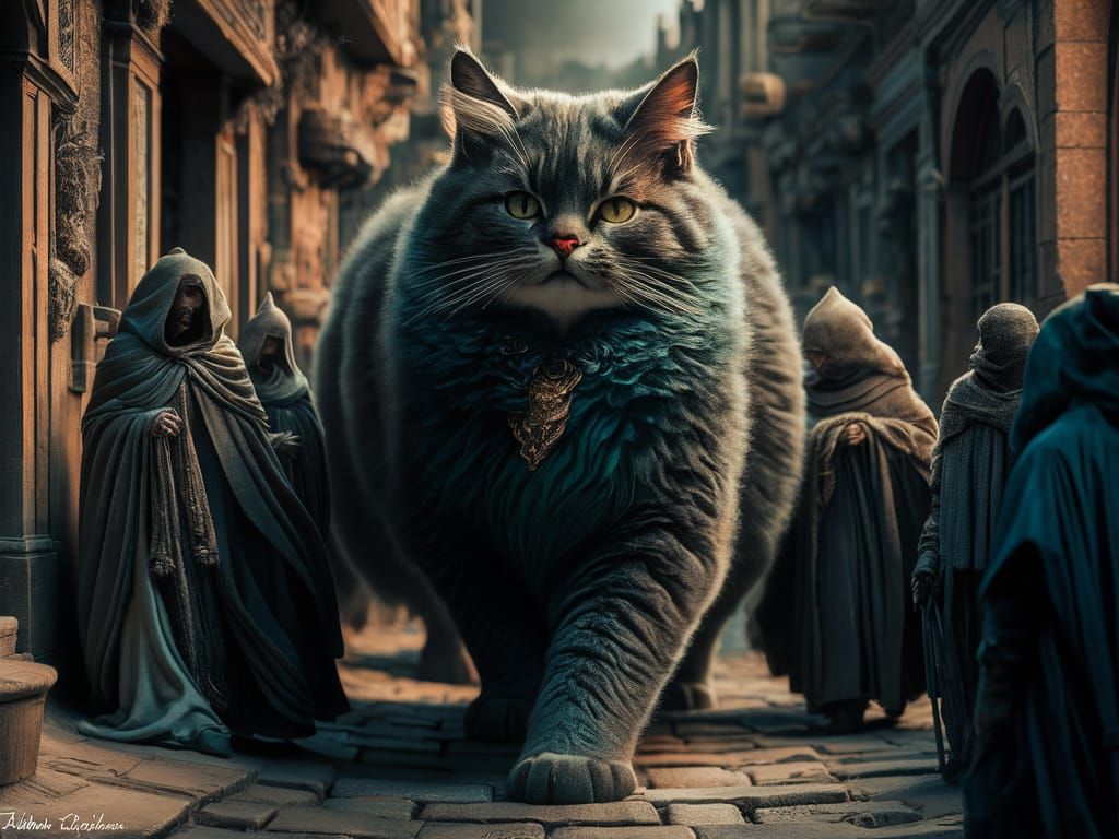 Majestic Cat Strides Through Ancient City