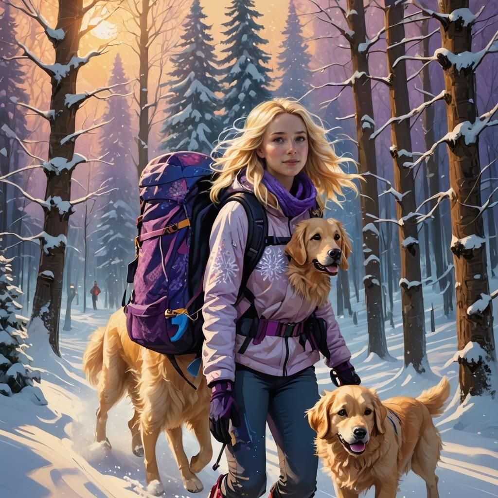 Woman Skiing with Golden Retriever Backpack