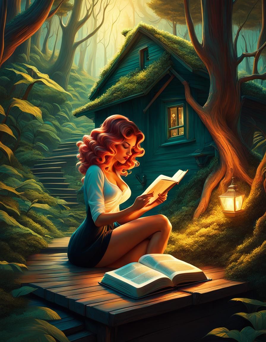 Surreal Woman Reading in Neon Forest Cottage