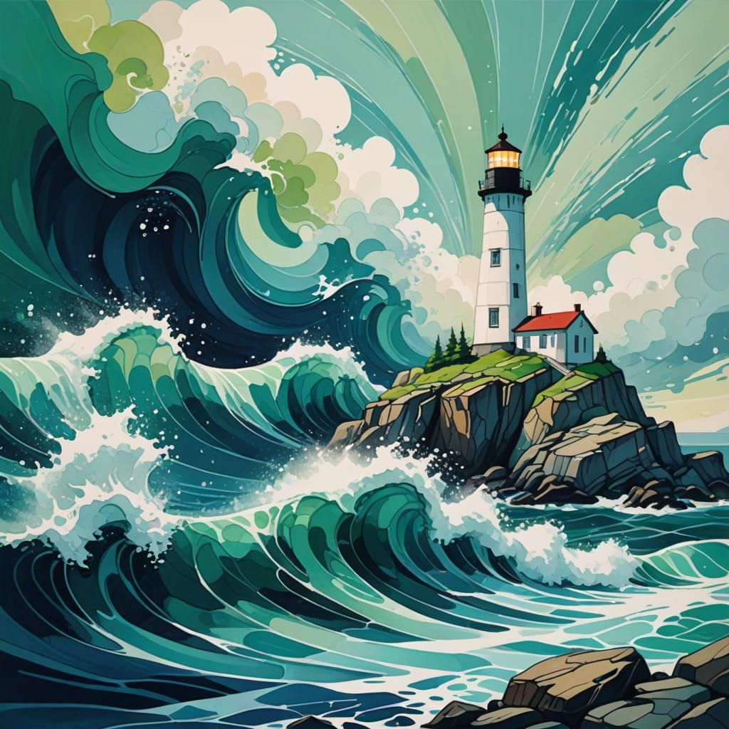 Geometric Lighthouse Ink Illustration with Whale