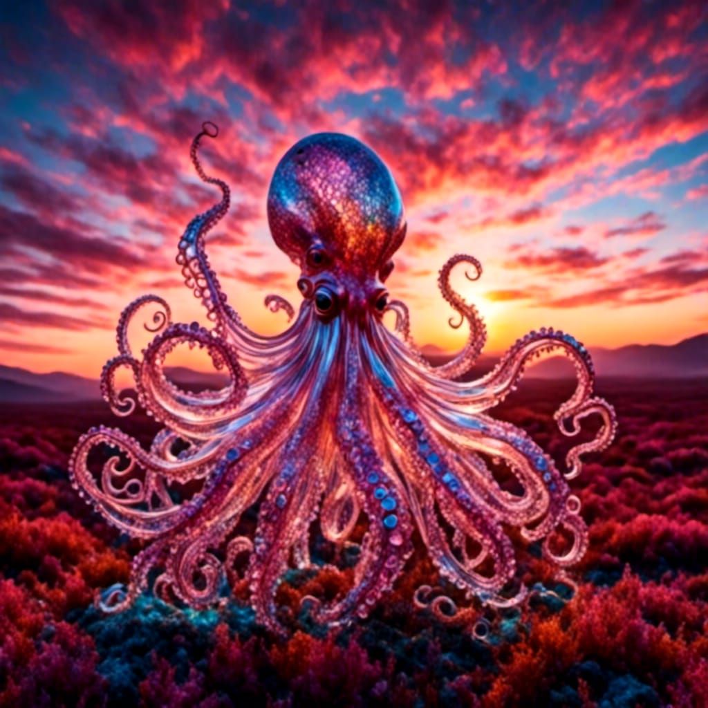 Surreal Giant Octopus Sunset Sky