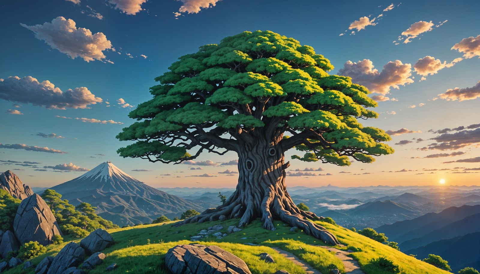 Enchanted Tree Under Moonlight: Japanese Cartoon Style