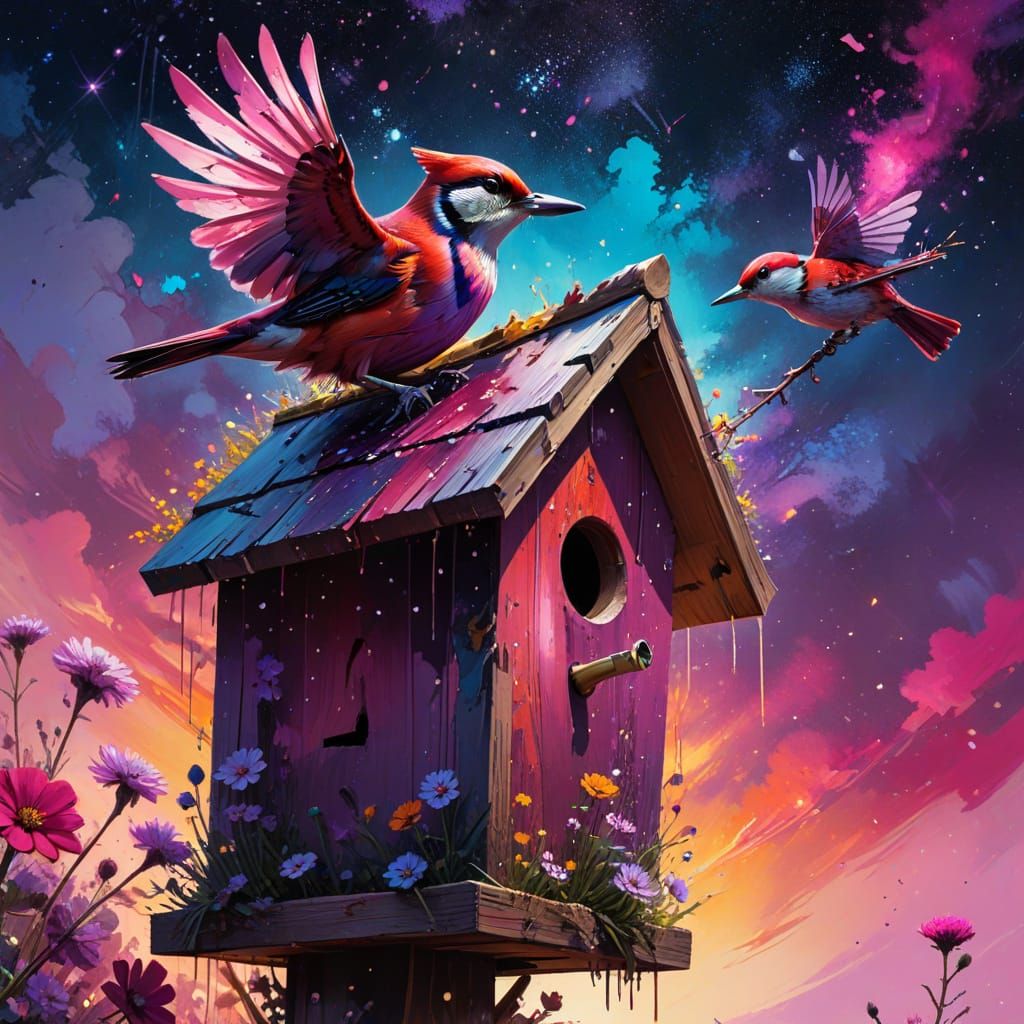 Woodpecker Family at Birdhouse: Vibrant Digital Painting