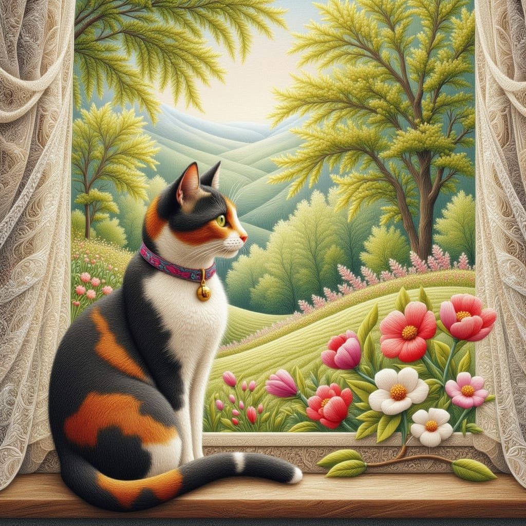 Calico Cat Gazes at Spring View Through Lace Curtains
