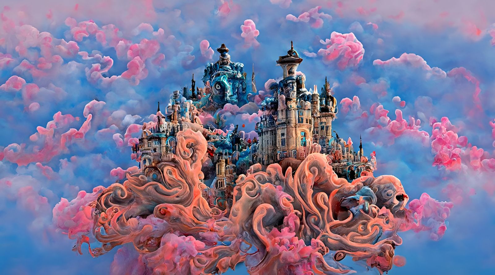 Cotton Candy Castle in Dreamlike Pastel Landscape