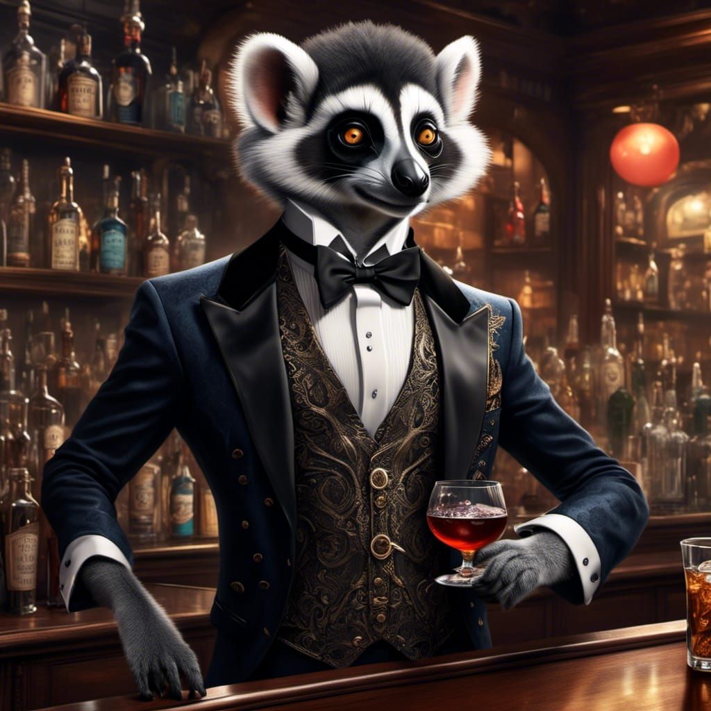 Lemur Bartender in Fantasy Pub: Ink and Pencil Art