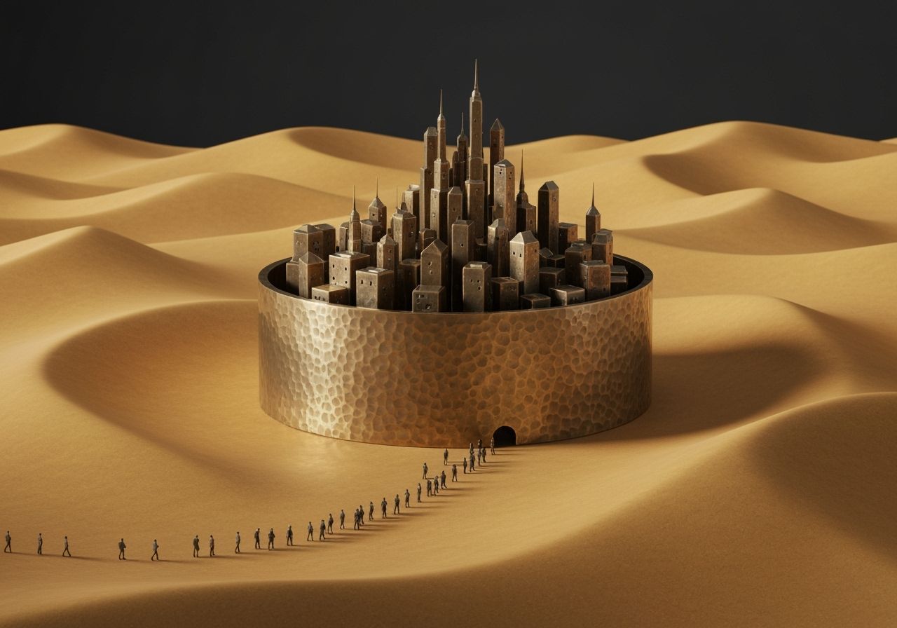 Bronze Tubular City in Desert with Approaching Figures