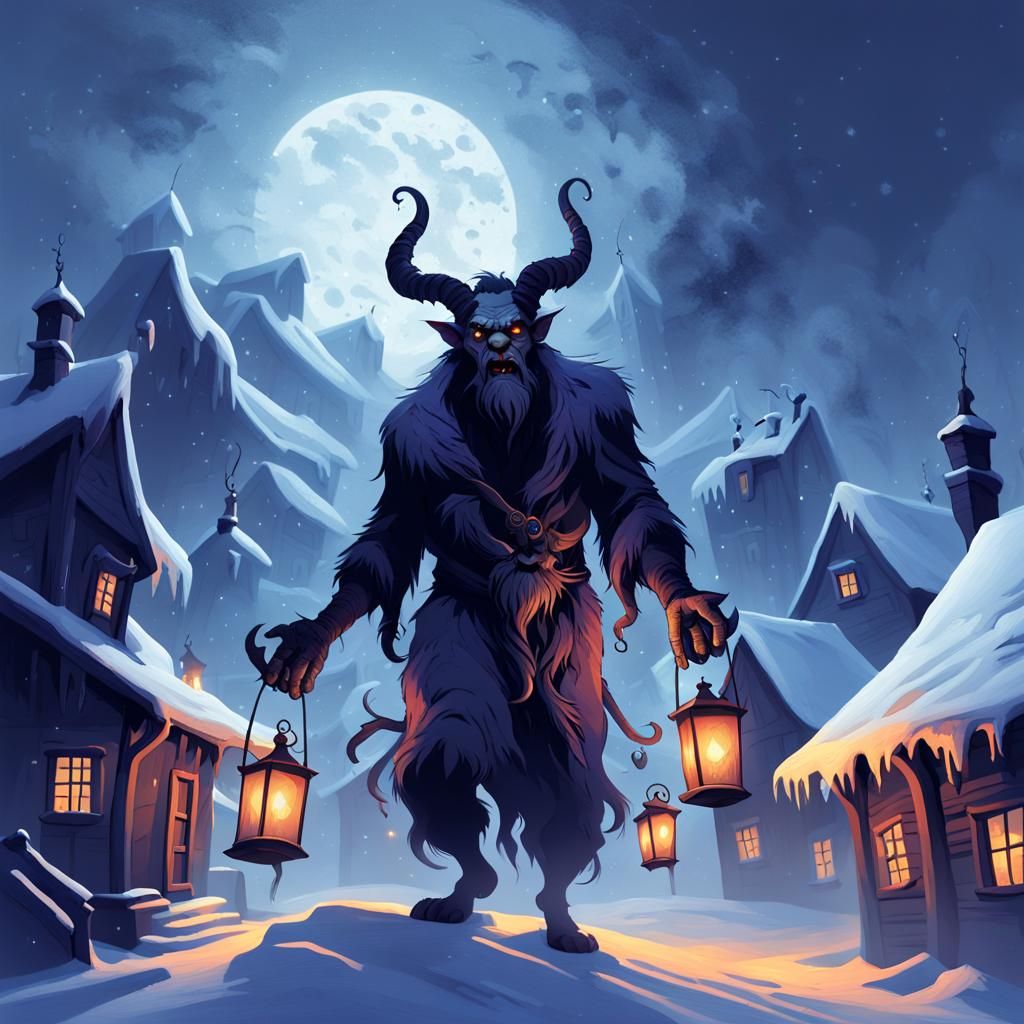 Krampus Looms Over Snowy Village in Dark Fantasy