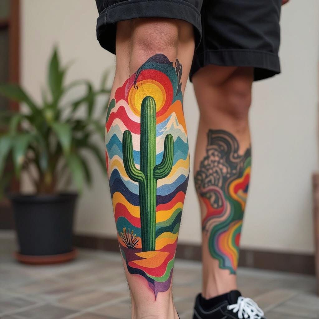 Abstract Cactus and Mountain Tattoo in Rothko Style