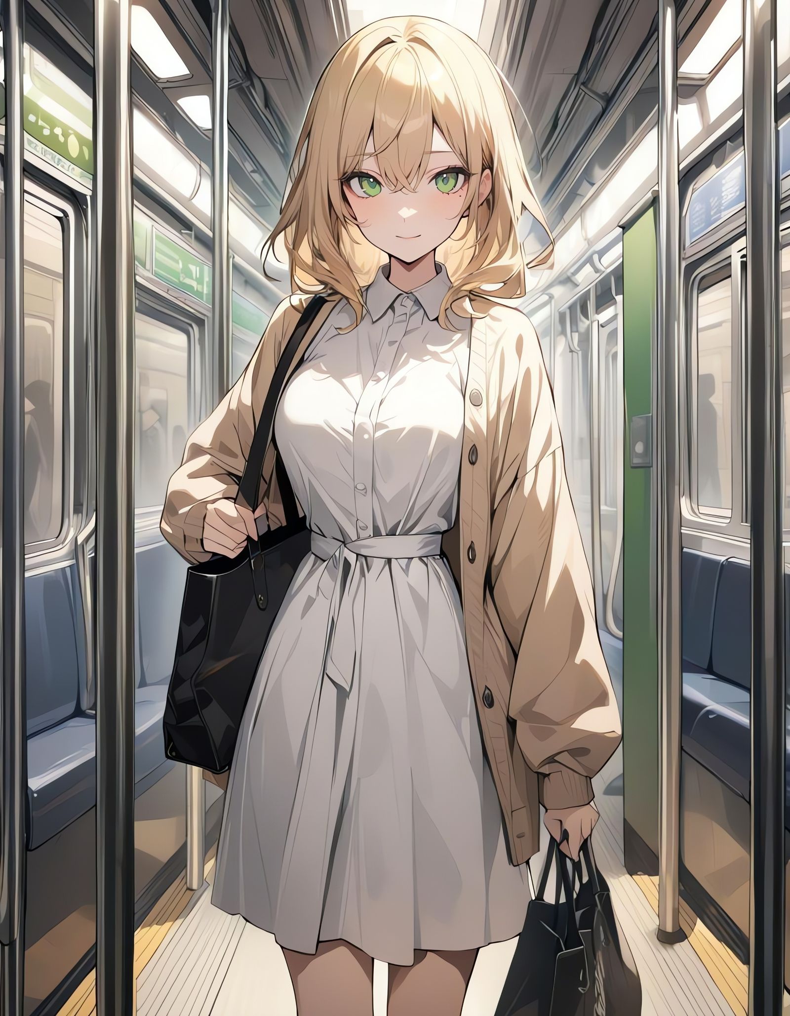 Blonde Woman in Subway Car Wearing White Dress