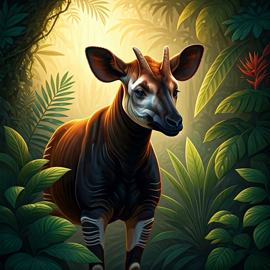 Okapi in Jungle Dreamscape, Wildlife Illustration