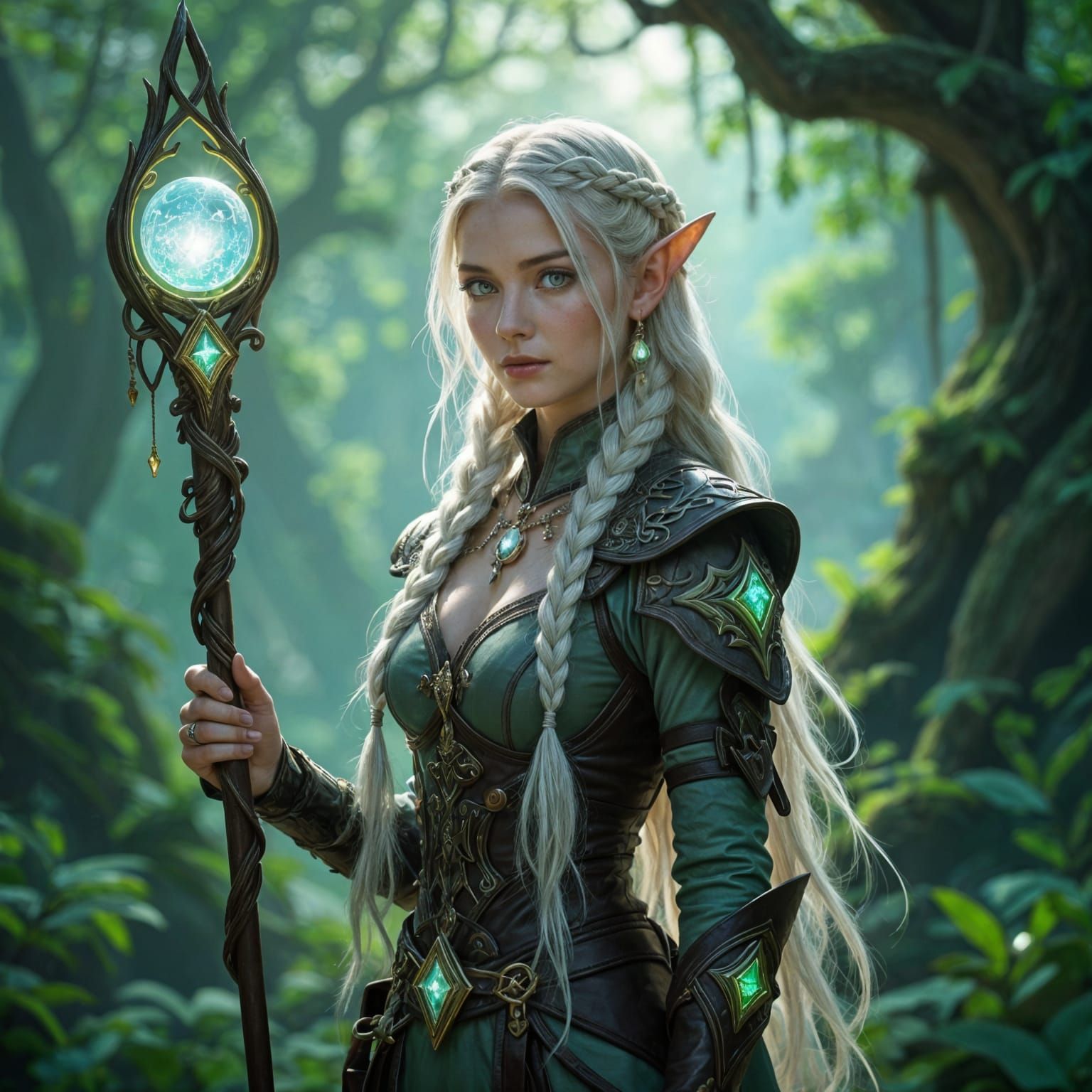 Elven Woman in Mystical Forest, Hyperrealistic Art Nouveau