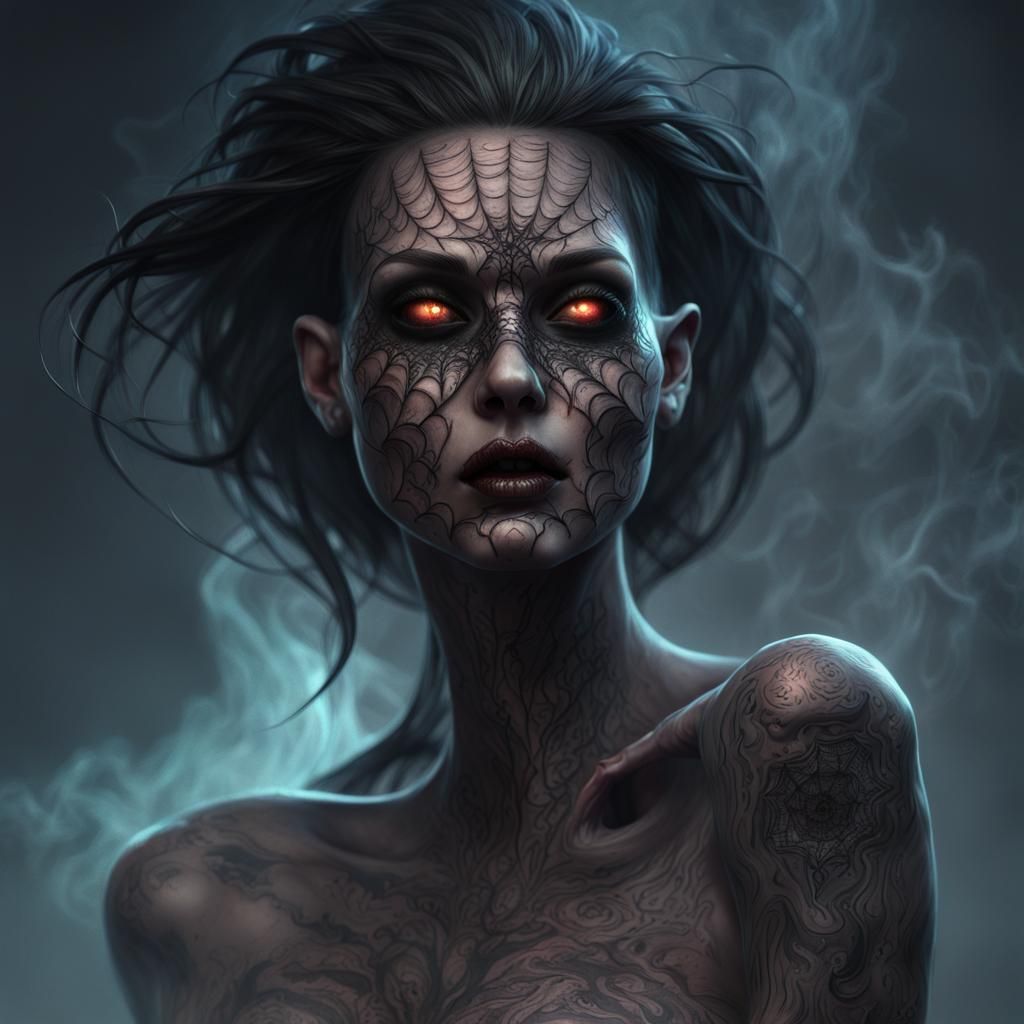 Cursed Ghoul Portrait with Spider Tattoos, Surreal Art