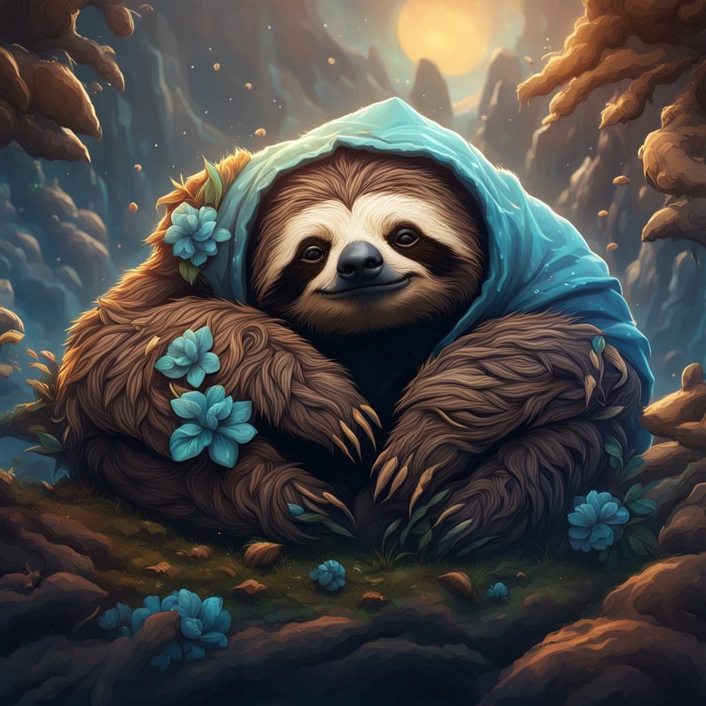 Fantastical Sleepy Cloud Sloth in Detailed Matte Painting