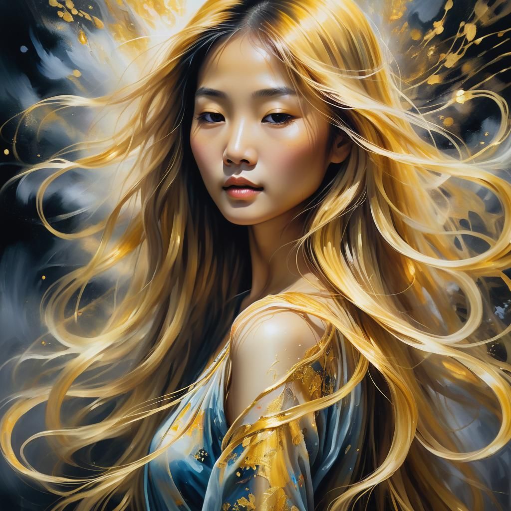 Ethereal Oil Painting: Radiant Asian Woman in Gold