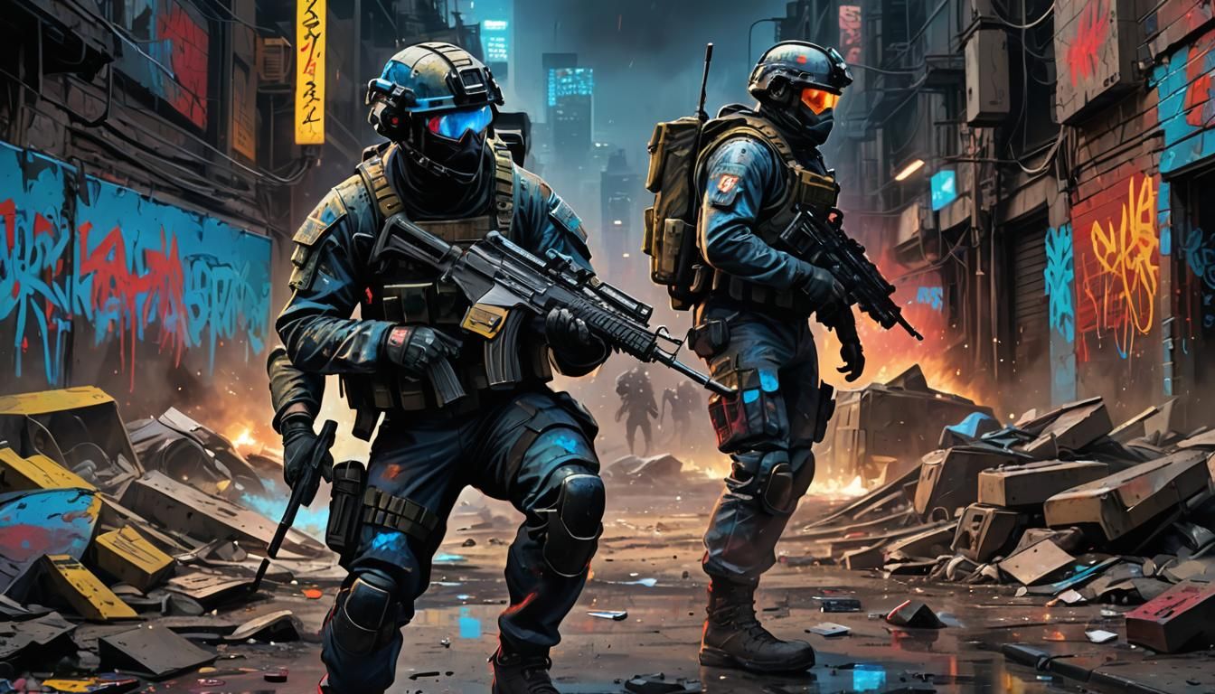 Neon Graffiti Soldier in Urban Battlefield