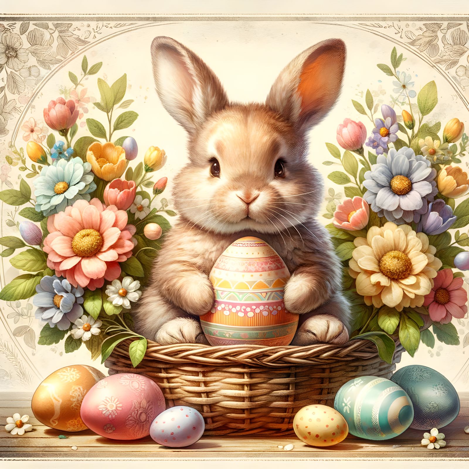 Vintage Easter Bunny Surrounded by Spring Flowers