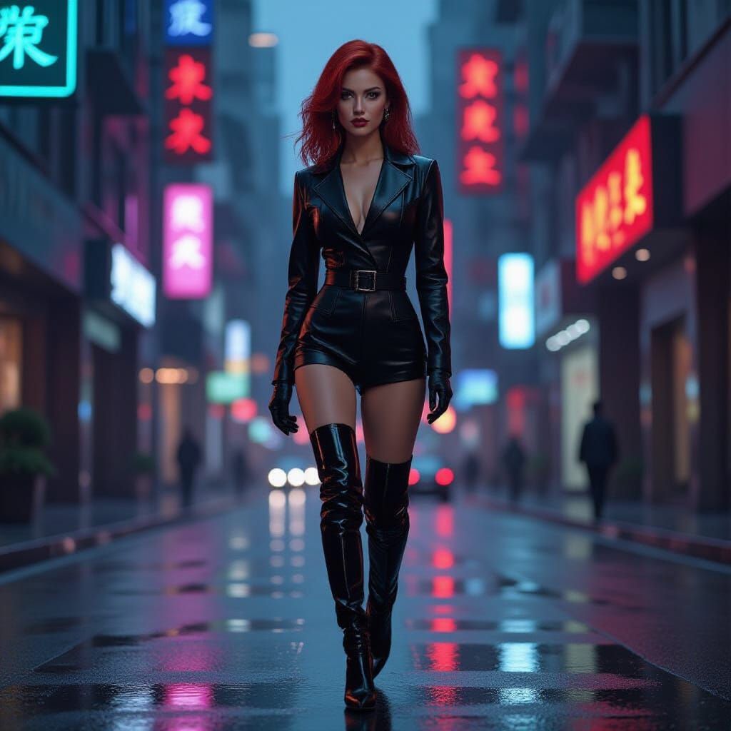 Futuristic Shanghai: Woman in Leather Catsuit, Photorealisti...