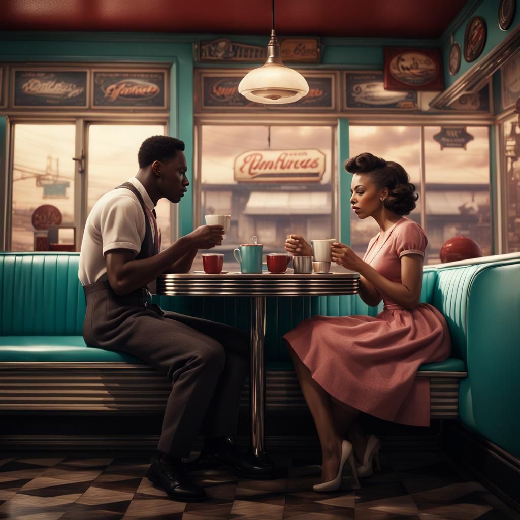 Young Couple in 1950s Diner, Detailed Matte Painting